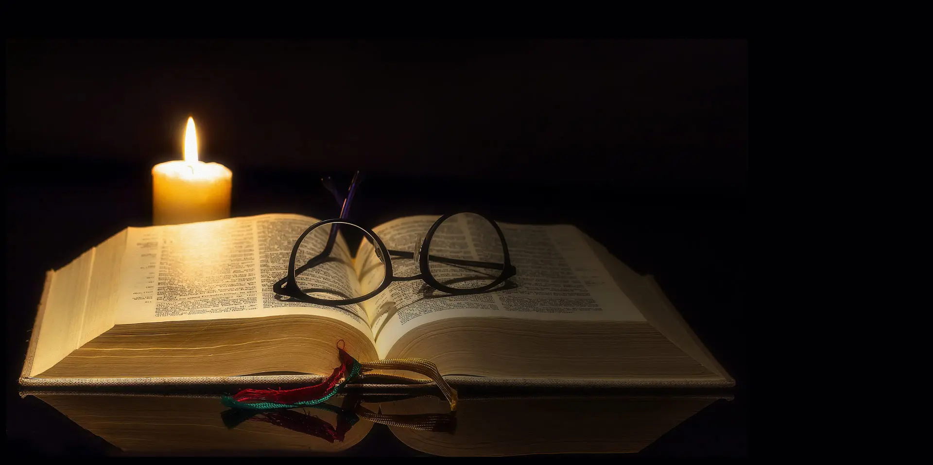 A pair of glasses sitting on top of an open book.